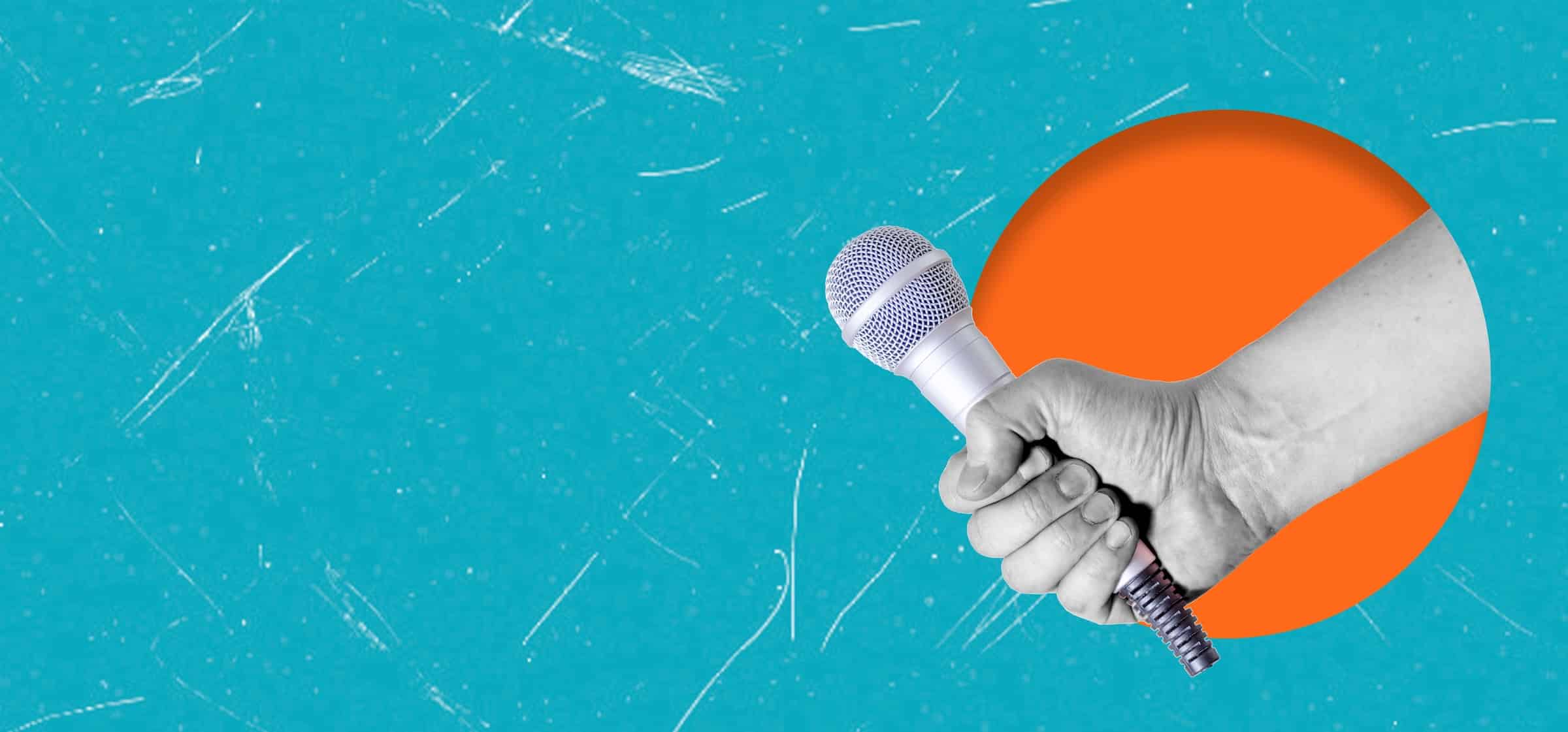 Artistic banner of a hand holding a microphone